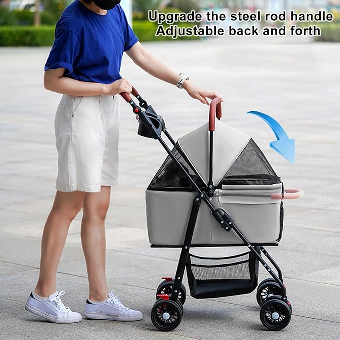Pet Stroller Pram Dog Carrier Trailer 4 Wheels Foldable Dog with Storage Basket,Holds up to 44 lbs,Adjustable Handle,Folding Travel Stroller Suitable for Traveling with Cats and Dogs (Grey)