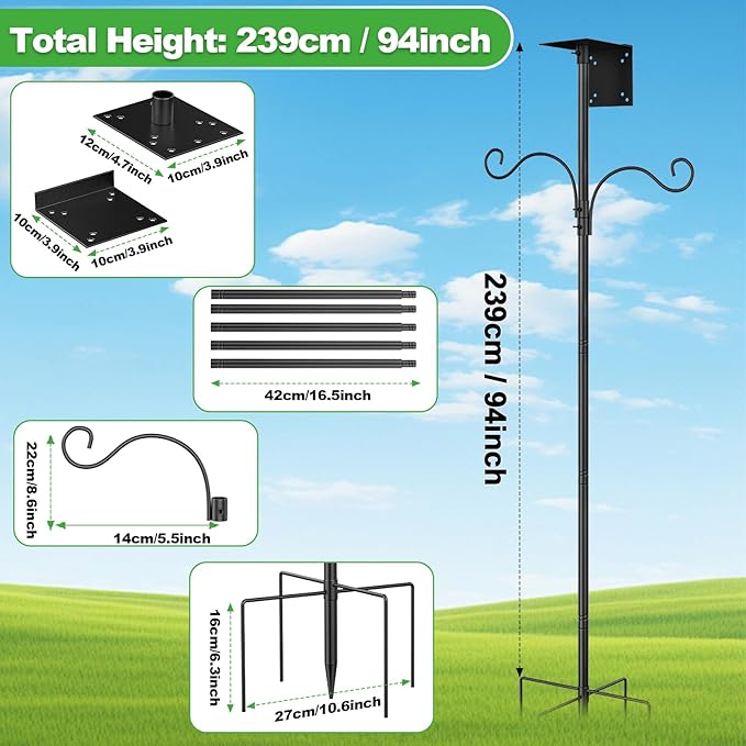 94 Inch Bird Feeder Stand, Heavy Duty Bird House Pole With Shepherds Hooks, Adjustable Mount Kit for Garden, Wild Birds Watching, Water Feeder