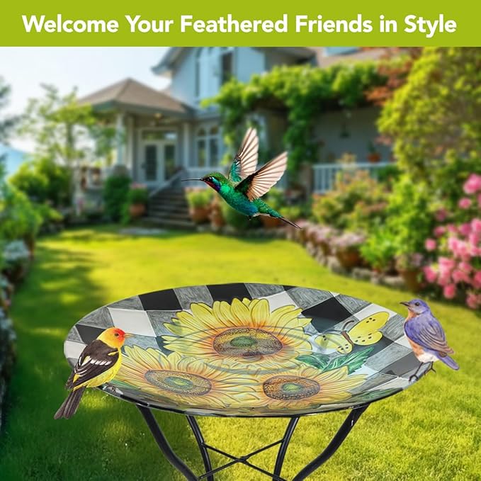 Briarwood Lane Checkered Sunflowers Summer Glass Birdbath