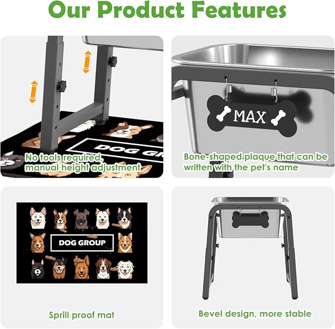 1.85 Gallon Elevated Dog Water Bowl, Height Adjustable (11–17'') Raised Stainless Steel Bowl with Spill-Proof Mat & Sturdy Metal Stand, Tip-Proof, Easy to Clean, Indoor & Outdoor Use