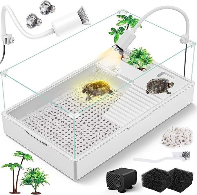 Large Turtle Tank Kit(Tank + Light + Water Pump), Acrylic Turtle Tank Starter Kit with Upgrade Rain Shower Head, Adjustable 5W Water Pump, Higher Fences and Multi-Function Area. (L-Kit)