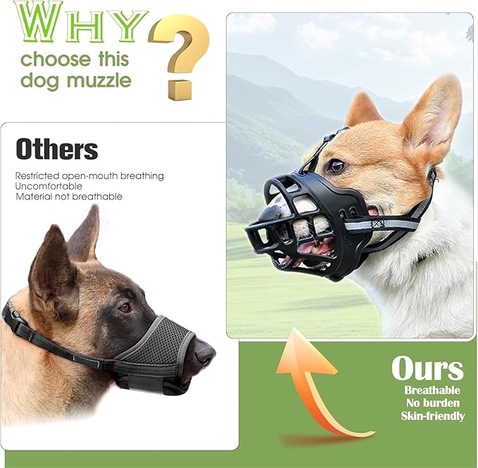 Dog Muzzle, Breathable Basket Muzzles for Small Medium Large Sized Dogs, Adjustable Humane Cage Mouth Cover for Grooming Biting Chewing, Allows Panting and Drinking (Soft Rubber, XXL)