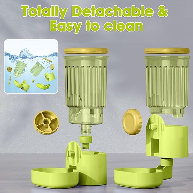 Hanging Small Pet Feeder and Water Dispenser, 1L Auto Cat Food Bowl and 0.8L Water Bottle Dispenser, Auto Gravity Pet Feeder and Waterer Set for Puppy, Kitten, Rabbit and Small Pets (Green)