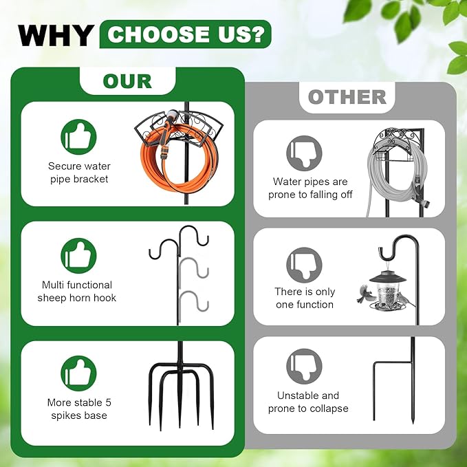 Double Shepherds Hooks for Outdoor, Upgraded Heavy Duty Bird Feeder Pole, Freestanding Hose Stand Adjustable Water Hose Holder with 5 Prongs Base, Thickened Garden Hooks for Outside Yard Lawn