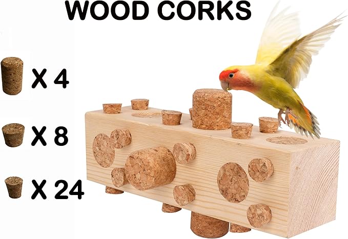 36pcs Soft Corks with Parrot Chewing Toy Cage Perch Pine Wood Foraging Smart Toy for Small to Regular Size Parrot Cockatiel Birds