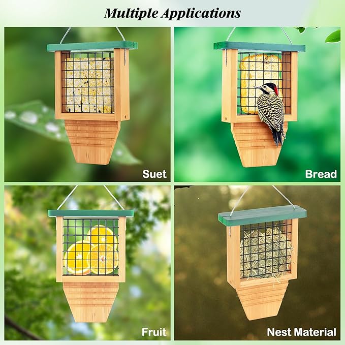 Wooden Suet Bird Feeder for Outside Hanging, Woodpecker Suet Feeder with Tail Prop, Hanging Bird Feeder for Wild Birds, 1 Pack, Green