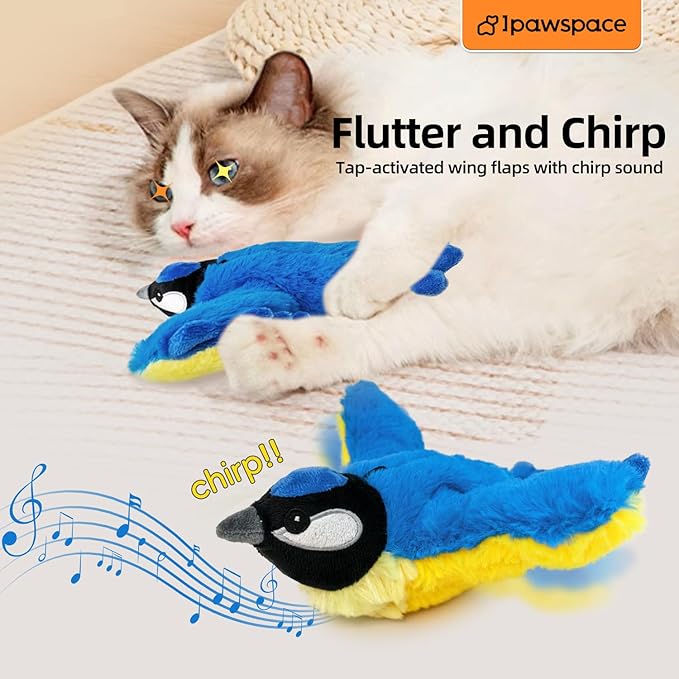 Interactive Flapping Bird Cat Toy with Catnip, Touch Activated Rechargeable, Musical Sound (can Turn Off), Satisfy Cat's Natural Huting Instinct, Soft Plush Washable Cover (Blue)