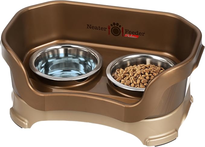 Neater Feeder Deluxe Mess Proof Cat Bowls Elevated for All Breeds – Made in USA – No Spill Raised Bowls for Indoor Cats – Stainless Steel Food and Water Bowl Set, Pet Dish Feeding Station, Bronze
