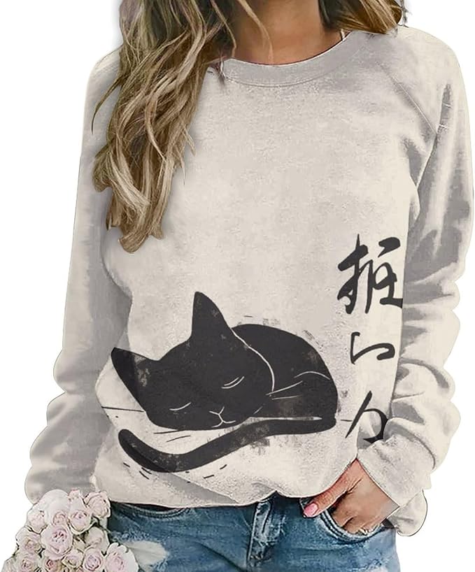 Womens Long Sleeve Tops Y2k Japanese Art Print Sweatshirts Fall Pullover for Women Crewneck Vintage Shirts Boho Tops