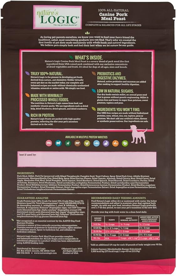 NATURE'S LOGIC Dry Dog Food - 100% Natural - No Synthetics - for All Ages, Sizes, Breeds - Free from Common Allergens, High Protein - Pork Meal Feast, 4.4lbs