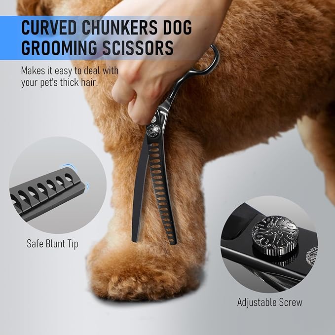 Purple Dragon Dog Grooming Scissors Set - Curved Chunkers, Straight, Up & Down Curved Scissors and Comb, 7 Inch Black Shears with Adjustable Screw for Dogs and Cats