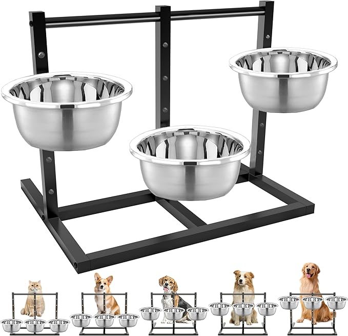 Elevated Dog Bowls Stand Large Breed Metal Raised Dog Bowls Small/Medium/Large Sized, Feeding Station with 5 Heights Adjustable,3 Food Water Bowl Feet with Non-Slip Feet