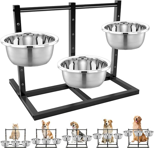 Elevated Dog Bowls Stand Large Breed Metal Raised Dog Bowls Small/Medium/Large Sized, Feeding Station with 5 Heights Adjustable,3 Food Water Bowl Feet with Non-Slip Feet