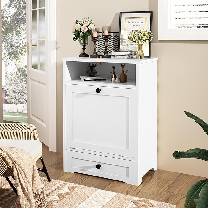 Dog Food Storage Cabinet and Feeding Station - Large Pet Food Organizer Furniture With Pull-Out Elevated 2 Sus304 Bowls for Feeding & Watering Supplies, White