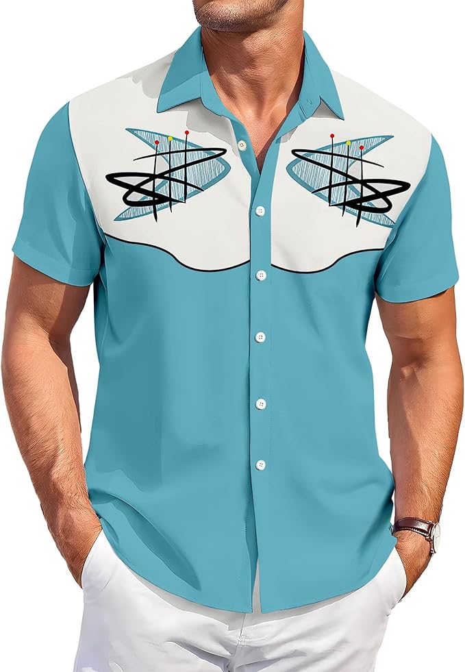 Men’s Hawaiian Shirt Western Cowboy Symmetrical Print Short Sleeve Button Down Casual Beach Holiday Summer Shirt