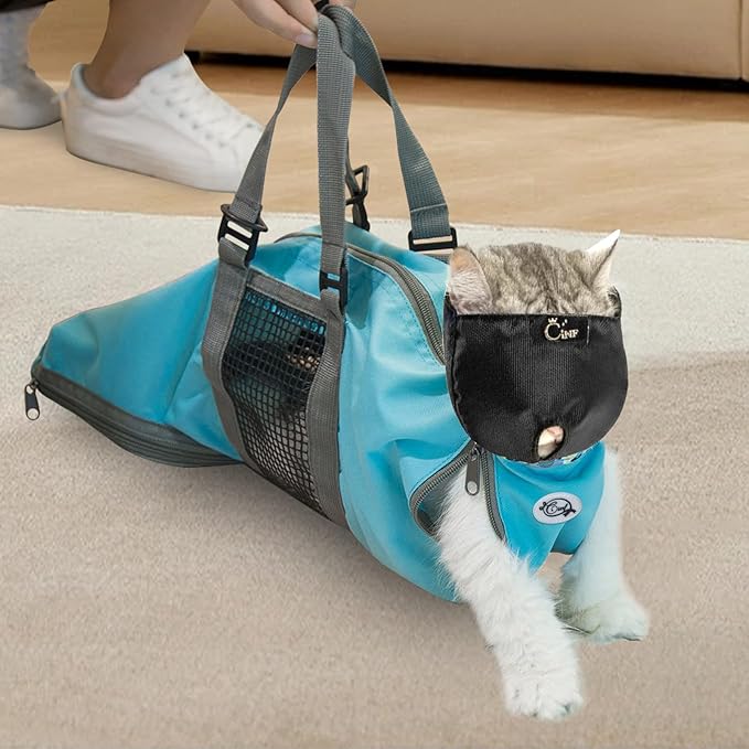 Cinf Cat Nail Clipping Cleaning Grooming Restraint Bag （Free Muzzle） No Scratching Biting for Bathing Nail Trimming Injecting Examining (Blue,M)
