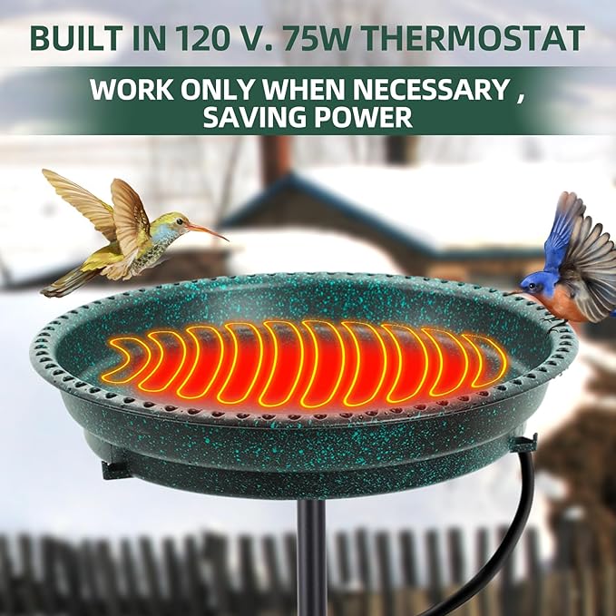 Heated Bird Bath for Outdoors for Winter, 75W Bird Bath Water Heater Bird Bath Deicer,Deep Bowl Thermostatic Control Weather Resistance Available with Stable Metal Pole for All Seasons(Green)