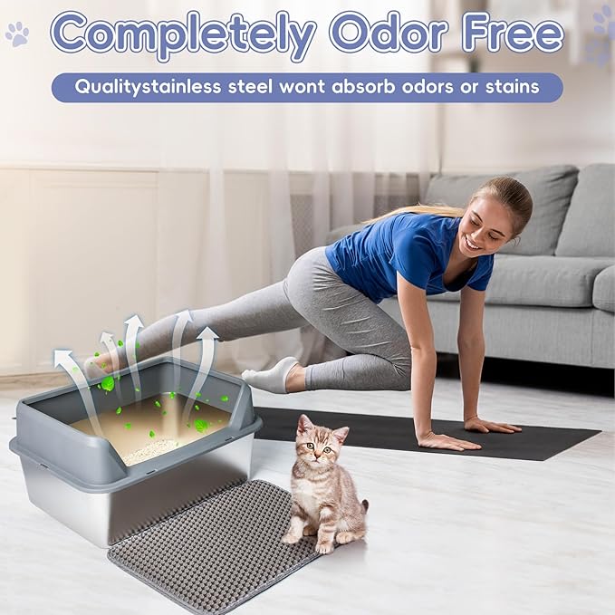 Stainless Steel Cat Litter Box with Lid,Large Litter Box with Side Entrance,Kitty Litter Pan High Sided,Anti-Urine Leakage,Easy to Clean,Included Scoop,Litter Mat&Fish Toys,Brush