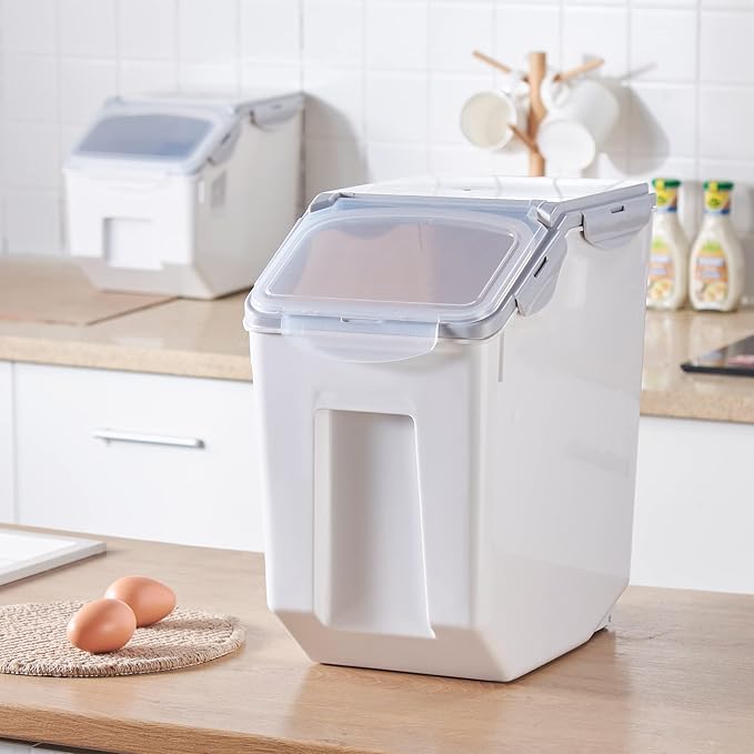 HANAMYA 15 Liter / 30 lbs Rice Storage Container with Measuring Cup, BPA free, For Rice | Grain | Pet Food | Flour, 1 count, White & Gray