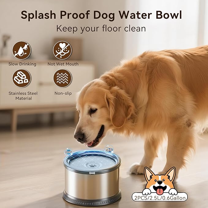 2PCS 2.5L No Spill Dog Water Bowl 84oz Stainless Steel Slow Water Bowl for Small Medium Dogs Splash Proof Pet Bowl with Anti-Slip Mat for Sloppy Messy Drinkers and Cats