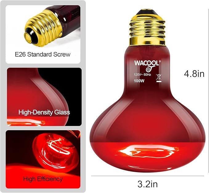 WACOOL 2 Pack Reptile Heat Lamp Bulbs,100W Infrared Basking Spot Light for Reptiles & Amphibians, Red Heat Lamp Bulb for Bearded Dragon Gecko Turtle Lizard