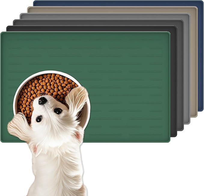 18"x12" Dog Food Mat, Silicone Dog and Cat Mats for Food and Water Bowls, Waterproof Raised Edge Pet Feeding Mat for Contain Spills Protects Floors, Multiple Colors & Sizes for Pets, Deep Green