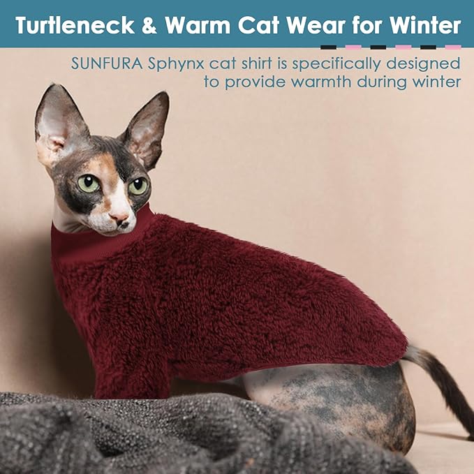SUNFURA Sphynx Cat Sweater, Hairless Cats Turtleneck Pullover Kitten Sweaters for Cats Only, Warm and Soft Cat Pajamas Shirt with Sleeves Pet Winter Clothes Fleece Jumpsuit for Puppy, Burgundy M