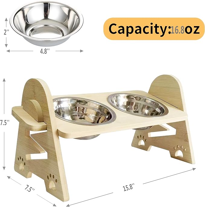 Elevated Adjustable Raised Dog Bowls with Stand for Small Size Dogs and Cats, Sturdy Bamboo Dog Feeder with 2 Stainless Steel Bowls (Stainless Steel, for Cats & Dogs)