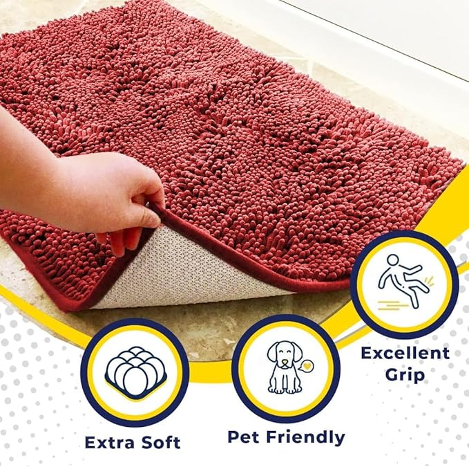 Muddy Mat® AS-SEEN-ON-TV Highly Absorbent Microfiber Door Mat and Pet Rug, Non Slip Thick Washable Area and Bath Mat Soft Chenille for Kitchen Bathroom Bedroom Indoor and Outdoor - Red 36" x 120"