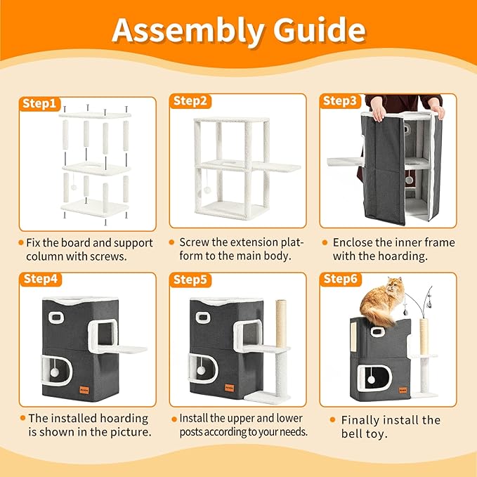 Cat Bed for Indoor Cats with Scratching Post Cat Beds Furniture Cave House 2-Storey Cats Hideaway Playhouse Condo with Fluffy Ball Toys for Pets Dark Grey