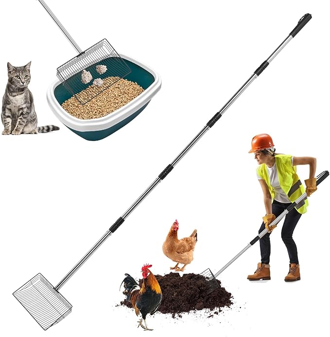Chicken Coop Pooper Scooper, 36" to 67" Stainless Steel Long Handle Cat Litter Scoop, 5 Segment Extendable Dog Poop Scooper Long Handle, Pet Pooper Scooper for Chicken Dog Cat Manure Rabbit Manure
