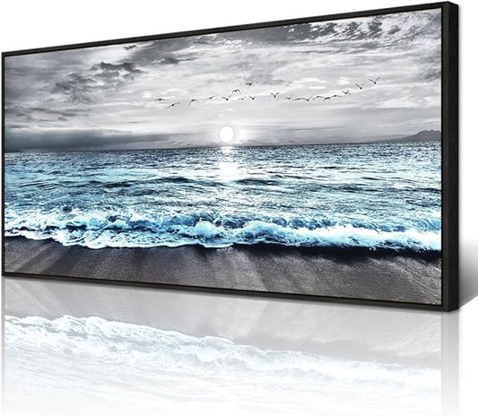 Wapluam Large Black Framed Wall Art For Living Room Wall Decorations For Bedroom Office Wall Decor Black And White Wall Painting Blue Sea Wave Pictures Artwork For Modern Beach Canvas Prints Poster