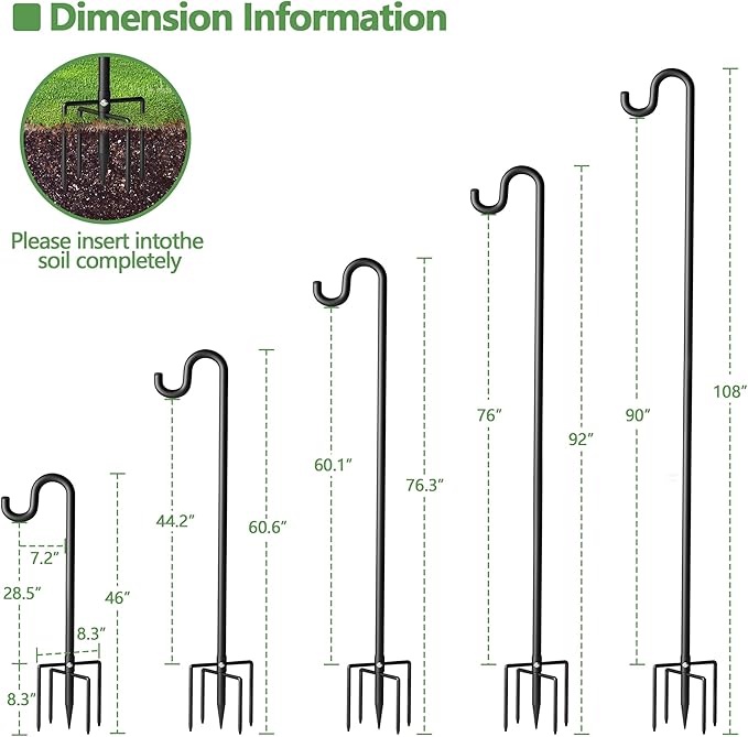 108" Shepherds Hooks for Outdoor, Extra Thick Bird Feeder Pole with 5 Prong Base, Adjustable Shepards Hook for Garden, Weddings, Hanging Plant