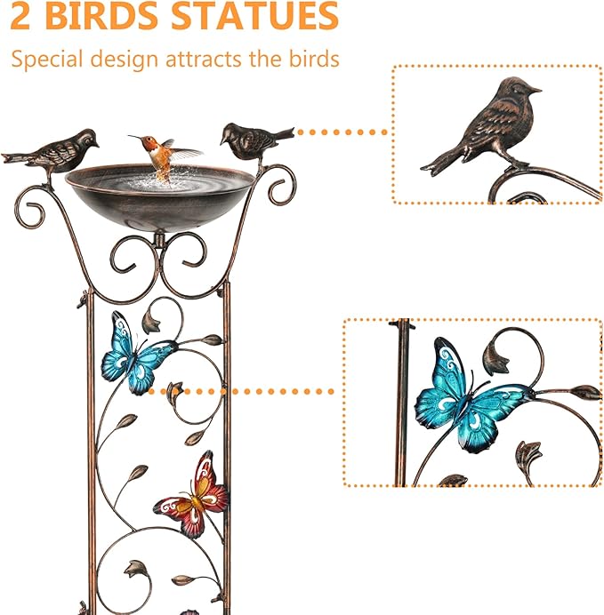 LEWIS&WAYNE Garden Trellis Bird Bath Outdoor, 40 Inch Antique Iron Garden Plant Trellis Decorative with Butterflies and Detachable Drinking Basin Bowl, Free Standing BirdBath Birdfeeder Station