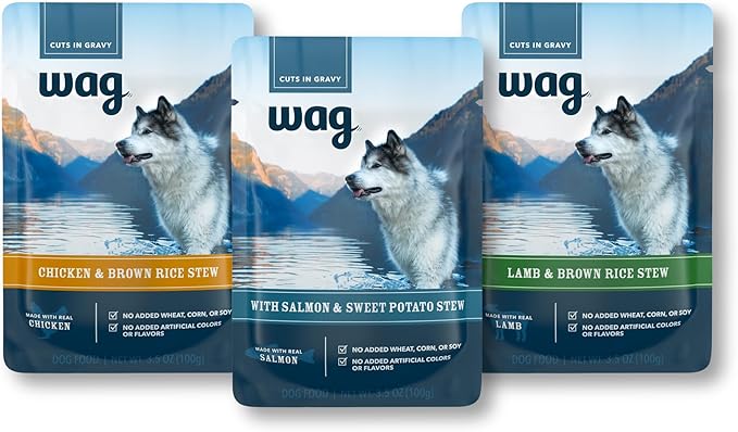 Amazon Brand - Wag Wet Dog Food Topper, Chicken, Lamb, and Salmon Stew in Gravy, 3.5 oz Pouches (Pack of 24)