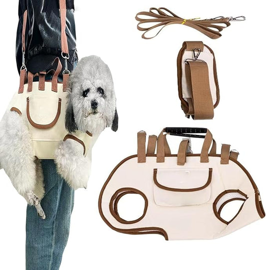 Dog Carrier Sling, Hands Free Shoulder Yorkie Carrier, Dog Full Body Lift Harness for Small Dogs-Portable Adjustable Breathable Vest Straps with Small Pet Treat Bag, for Dogs & Cats (Beige, S)