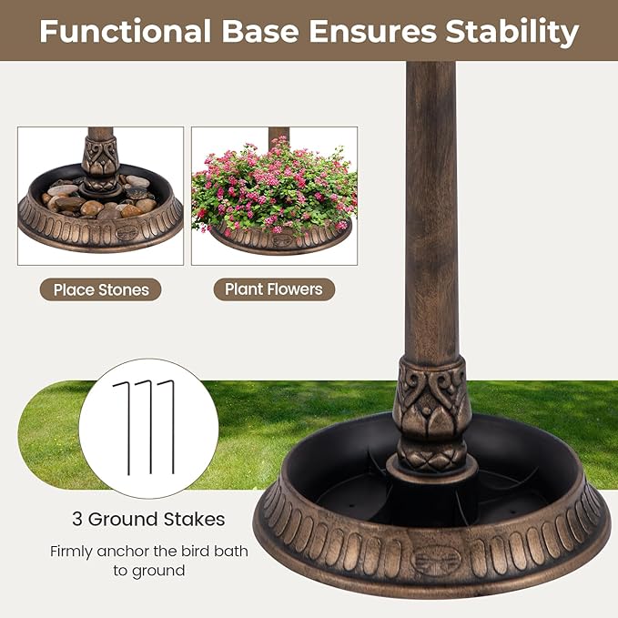 LDAILY Outdoor Bird Bath, 42’’ Solar Lighted Pedestal Birdbaths with Bird Feeder ,20’’ Water Bowl, Flower Planters and 3 Stakes, Attract Birds Antique Bird Bath for Outside Garden, Yard (Bronze, 42‘’)