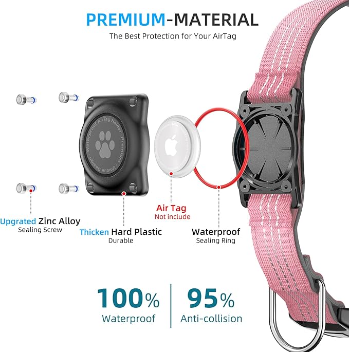 Upgraded AirTag Dog Collar, IP68 Waterproof Air Tag Dog Collar Holder, Reflective, Ultra-Durable, Comfortable Padded, Heavy Duty Dog Collars for Small Medium Large Dogs (S (10.6"-13.6"), Pink)