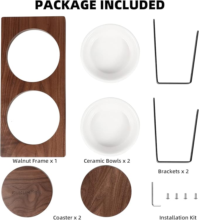 FUKUMARU Elevated Cat Ceramic Bowls, Small Dog 15° Tilted Raised Food Feeding Dishes, Solid Walnut Water Stand Feeder Set for Cats and Puppy