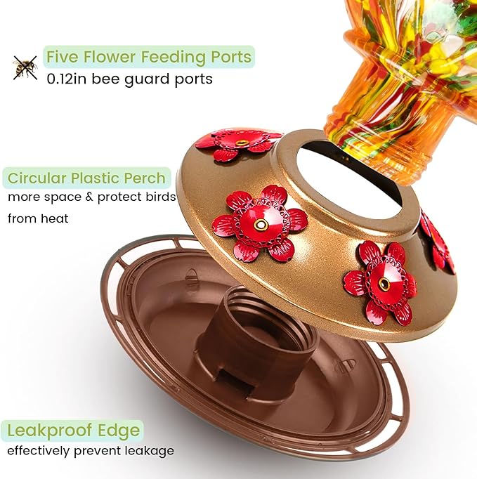 BOLITE Hummingbird Feeder, Hand Blown Glass Hummingbird Feeders for Outdoors Hanging, with Ant Moat and 5 Feeding Ports, 20 Ounces, Meshy Texture Ball Shape Bottle, Orange, Gifts for Women Men