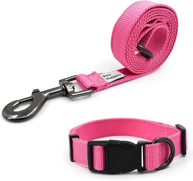 Rose Pink Dog Collar and Leash Set for Medium Size Dog, Breathable, Anti-Odor & Soft, Comfortable for Sensitive Skin Puppies, 90% Bamboo Rayon, Quick-Release Buckle Pet Collar for Medium Breeds