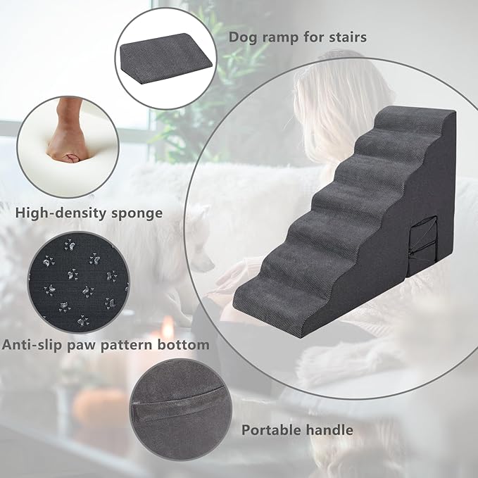 Dog Stairs for High Beds 30-36 inches Tall, 7-Step Pet Stairs/Steps for Small Large Dogs, 30D Foam Pet Steps/Ramp/Ladder for High Bedsides, with 4pcs Dog Ramp for Stairs, Dark Grey