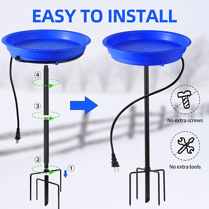 Heated Bird Bath for Outdoors for Winter, 75W Bird Bath Water Heater Bird Bath Deicer,Deep Bowl Thermostatic Control Weather Resistance Available with Stable Metal Pole for All Seasons(Blue)