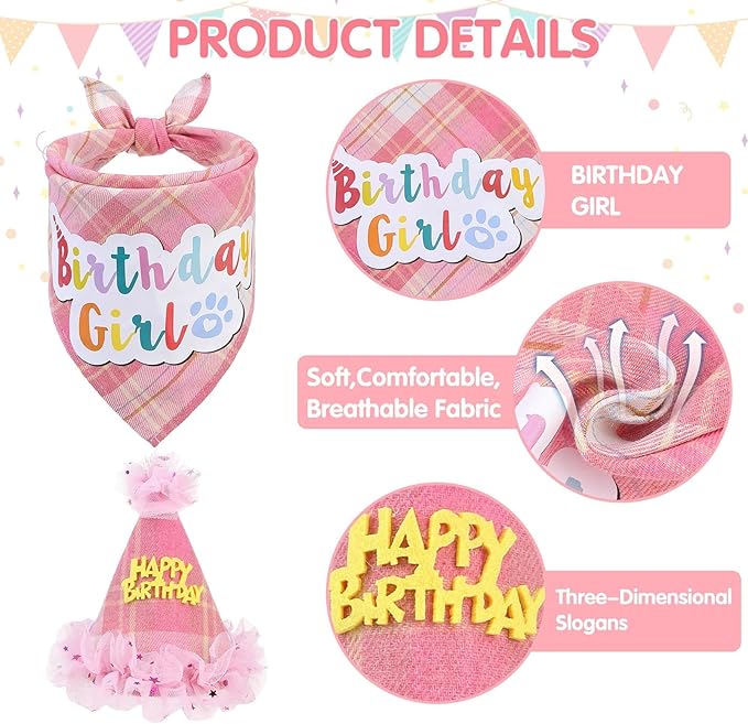 SCENEREAL Dog Birthday Bandana Hat with Dress Girl Set Party Supplies Plaid Puppy Birthday Outfit Cute Dog Tutus for Small Medium Lage Dogs, Pink Plaid