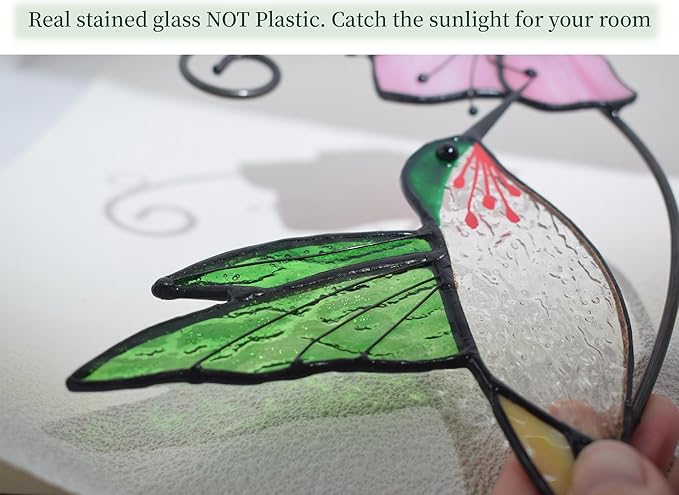 Lolitarcrafts Hummingbird with Flower Stained Glass Suncatcher Bird Stained Glass Window Hangings Hummingbird Gift for Home Decor (Green with Flower)