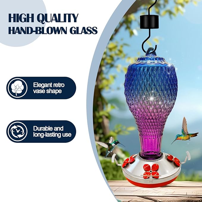 Hummingbird Feeder for Outdoors,17 OZ Glass Humming Bird Feeder for Garden,Backyard Decor,Four Flowers Feeding Ports,Leak Proof,Ant Moat Included,Humming Gifts for Women