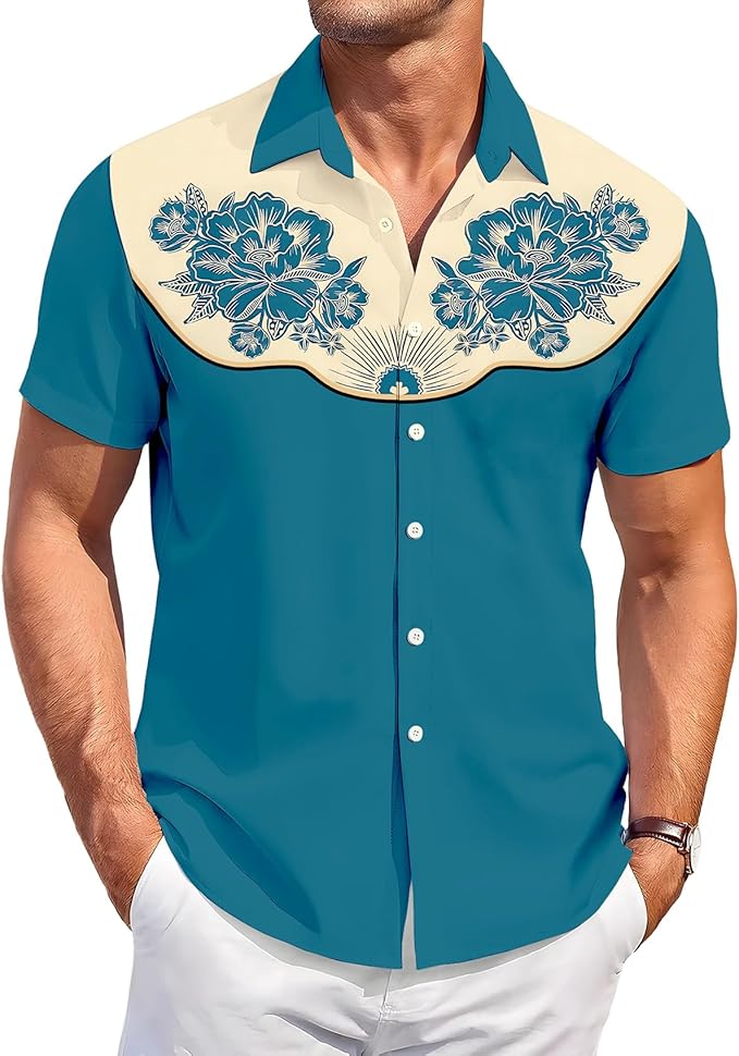 Men’s Hawaiian Shirt Western Cowboy Symmetrical Print Short Sleeve Button Down Casual Beach Holiday Summer Shirt