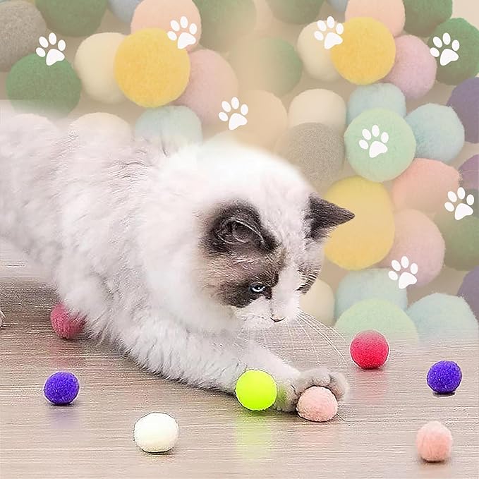 Cat Toy Balls, 30Pcs Premium Soft Pom Pom Balls for Kittens, 1,2'' Funny Interactive Cat Pompom Toys for Bored Indoor Cats Playing Plush Balls for Craft DIY Decorations,Cute Kitten Kitty Toys.