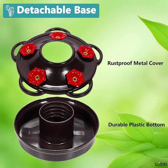 Tulip Shaped Hummingbird Feeder for Outdoors, Hand Blown Glass, 28 fl.oz, Leak Proof & Rustproof, Includes an Ant Moat, Metal Cover with 5 Feeding Ports & 5 Perches, Blue