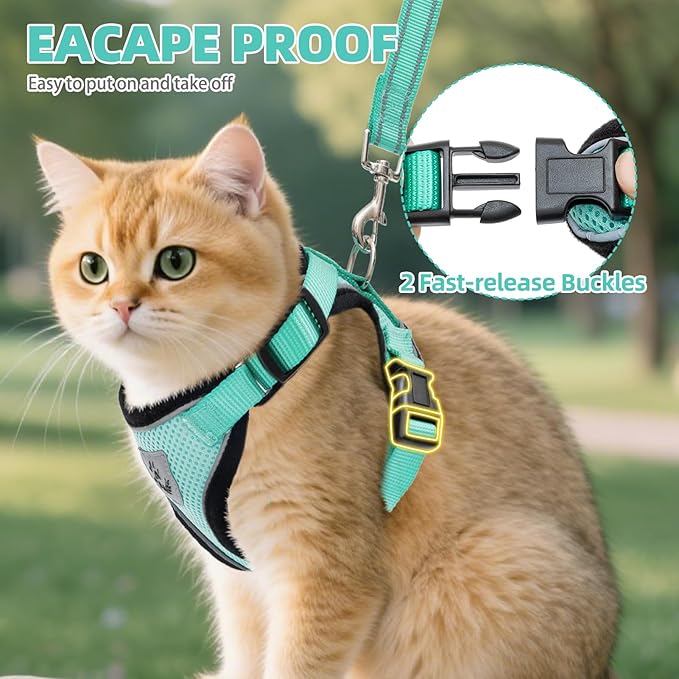PUPTECK Cat Harness and Leash Set Escape Proof Reflective Cat Walking Harness Adjustable Soft Breathable Mesh Vest for Small Pets, Aquamarine, XS